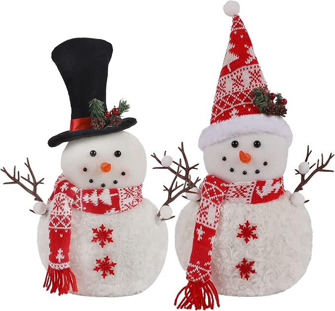 2 Pack 16 Inch Christmas Plush Snowman Doll Tabletop Decorations, Christmas Snowman Ornaments for Home Kitchen Xmas Holiday Party Decor