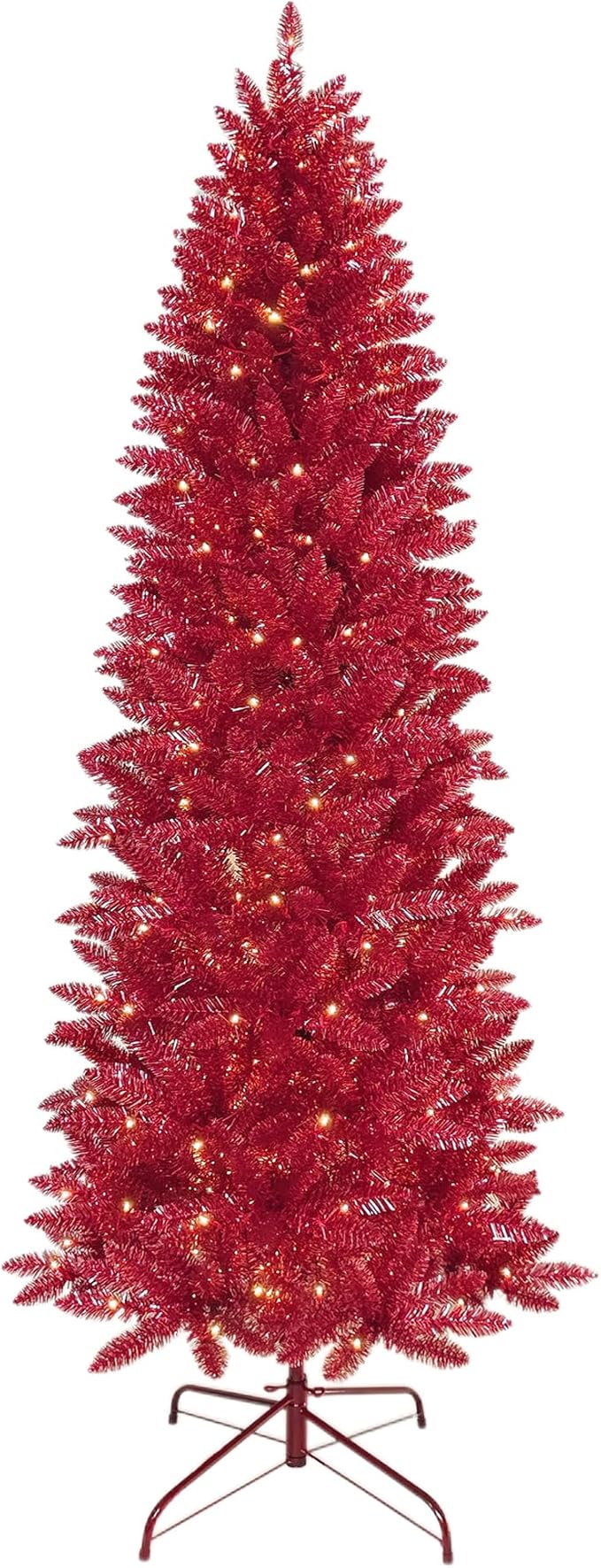 7.5FT Prelit Slim Artificial Maple Red Tinsel Christmas Tree with 250 Warm White LED Lights, Sparkling Skinny Pencil Metallic Tree for Girls’ Rooms, Living Rooms Modern Holiday Décor