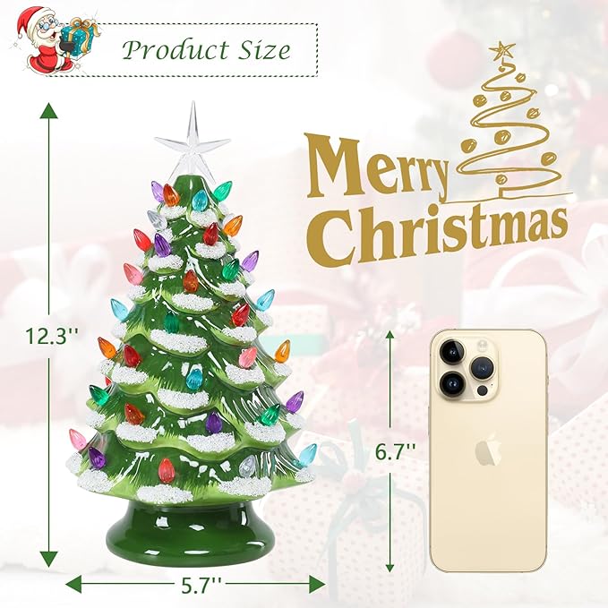 Small Ceramic Christmas Tree Hand-Painted Vintage Tabletop Green White Christmas Tree Holiday Decoration with Multi-Color Lights Xmas Trees 12 inch