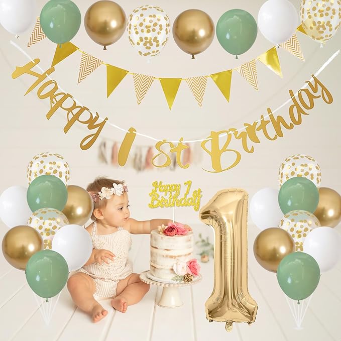 1st Birthday Decorations for Boys Girls, Sage Green White Gold Birthday Balloons with Happy 1st Birthday Banner First Birthday Cake Decoration Number 1 Balloon for Baby 1 Year Old Birthday Party Decor