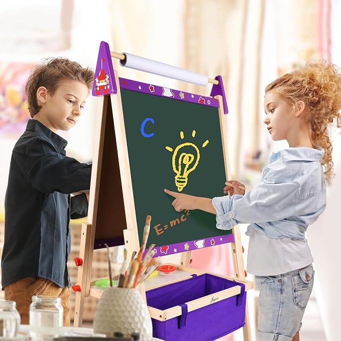 Joyooss Art Easel for Toddlers, Adjustable Standing Wooden Easel - Whiteboard & Chalkboard, Dry Erase Board for Kids Age 2-12