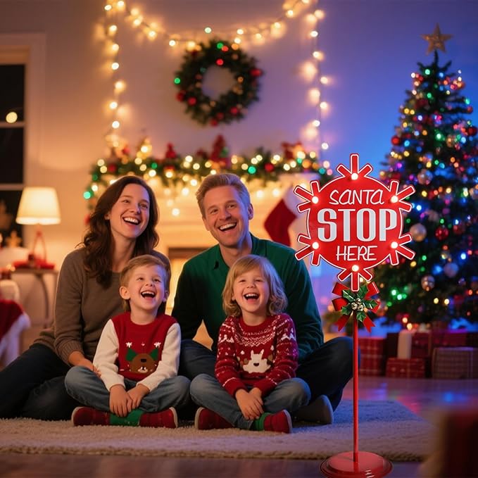 Christmas Santa Stop Here Sign with LED Light Battery Operated with Timer Christmas Stop Sign with Base Xmas Holiday Decorations Patio Lawn Yard Outdoor Display Decor