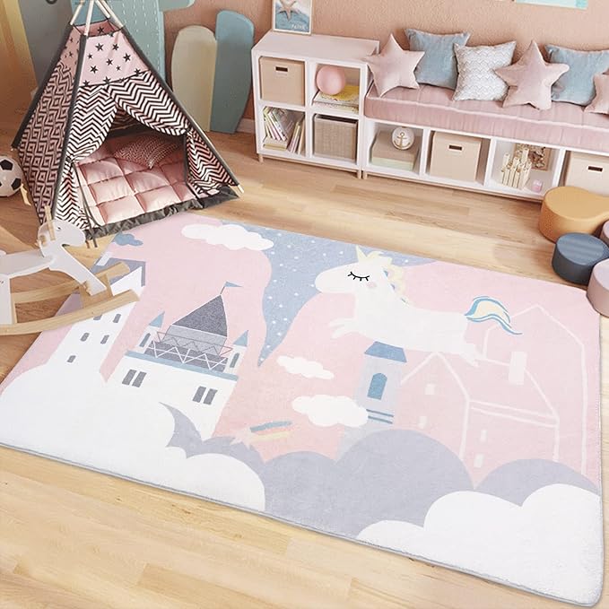 ABREEZE Kids Rug Play Mat, Ultra Soft Pink Unicorn Nursery Rug, 3.3'x5', Non Slip for Kids Room, Bedroom Decor, Living Room
