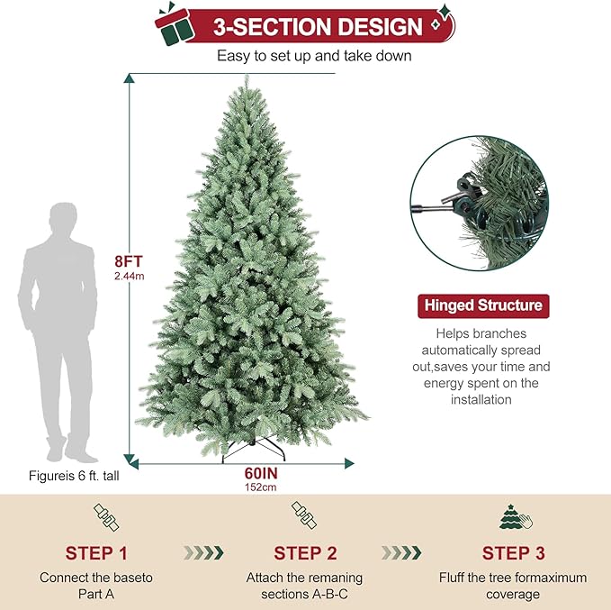 Spruce Christmas Tree 8ft, Premium Artificial Hinged Christmas Trees with 2458 PE & PVC Branch Tips，Xmas Trees for Home, Xmas Decoration