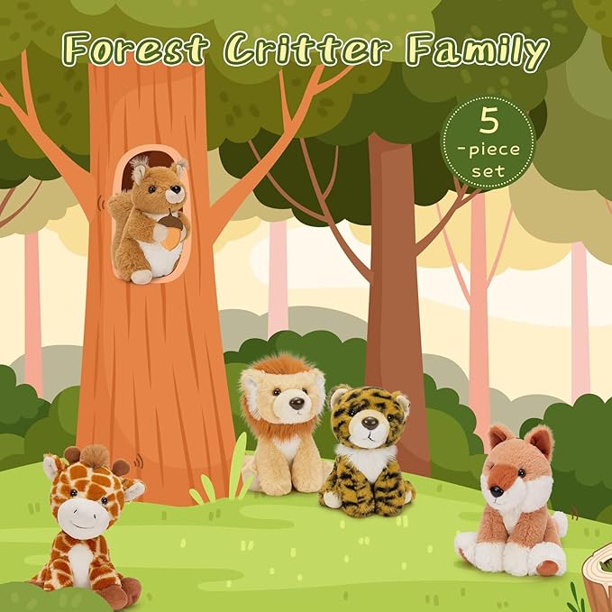 Muiteiur 5 Piece Forest Stuffed Animals,7.1 Inch Cute Jungle Plush Toys, Stuffed Animal Bulk (Tiger,Lion,Fox,Giraffe, Squirrel),Gift for Kids