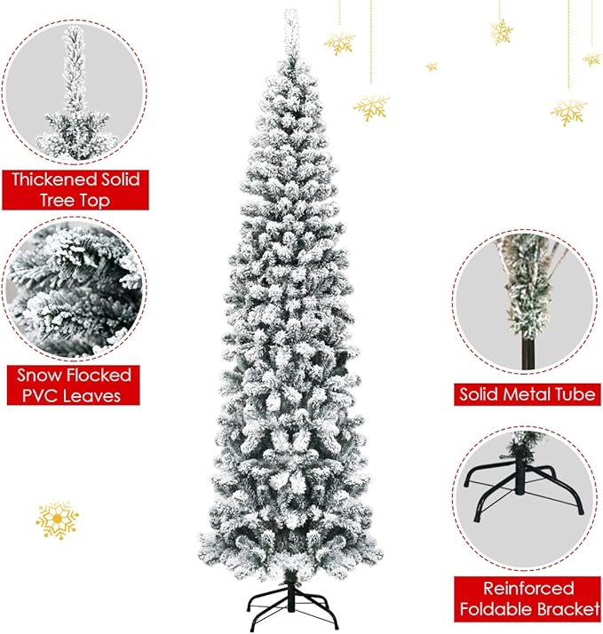 Happygrill 7.5FT Snow Flocked Pencil Christmas Tree Artificial Xmas Tree for Indoor Outdoor, Slim Christmas Tree for Festival Decoration