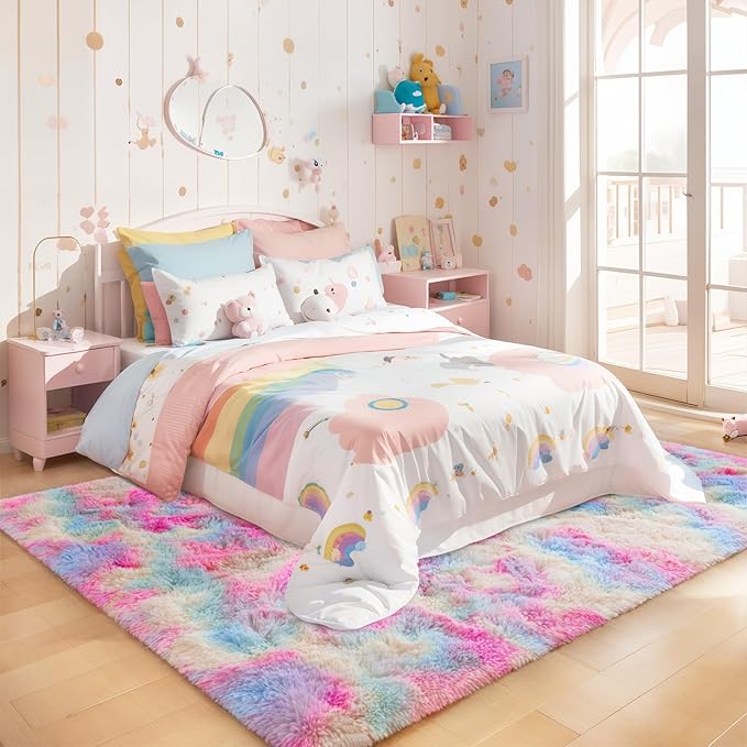Ompaa Rainbow 9x12 Feet Area Rugs, Large Rainbow Rug for Girls Bedroom, Pastel Unicorn Kawaii Tie Dye Carpet for Teens Dorm Classroom Aesthetic, Shaggy Nursery Rug for Baby Princess Room