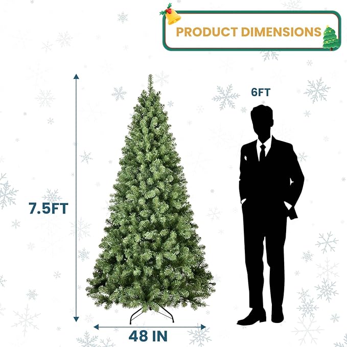 7.5FT Artificial Christmas Tree, Premium Unlit Hinged Fake Xmas Tree with 1200 Branch Tips, Green Realistic Holiday Tree for Home, Office, Foldable Metal Stand