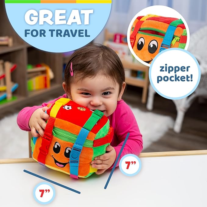 Buckle Toys Bingo Cube Toddler Plush Preschool Learning Activity Toy to Develop Fine Motor Skills, Embroidered Details to Teach Counting and Math with Small Storage Pocket