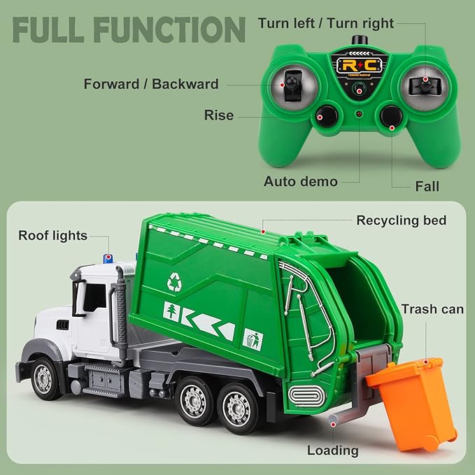 1:24 Scale Remote Control Garbage Truck Toys, 6 Channel RC Waste Management Garbage Truck, 2.4Ghz Recycling Trash Truck Toys with Two Rechargeable Batteries for Boys Kids, 15"