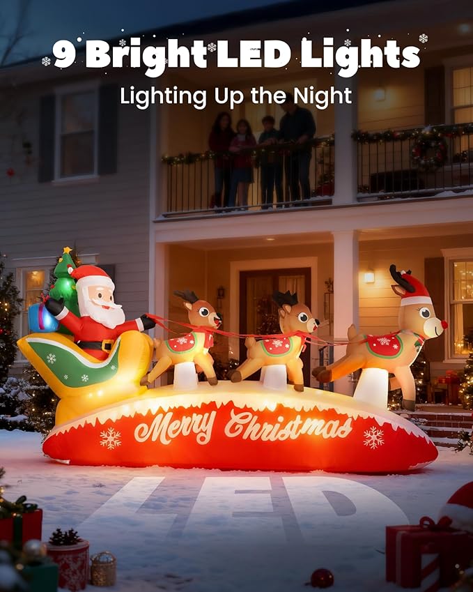 12 FT Christmas Inflatable Santa Sleigh with 5 Reindeer Outdoor Decoration, Blow Up Yard Decor with Bright LED Lights, Santa Claus Xmas Decor for Garden Lawn Backyard