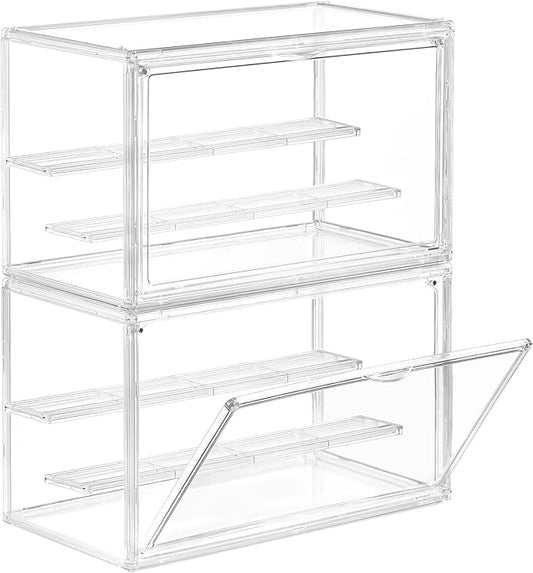 Clear Acrylic Display Case for Collectibles - 3-Tier Adjustable Figure Display with Magnetic Door & Removable Shelves,Stackable Dispaly Box for Figures - 2 Pack