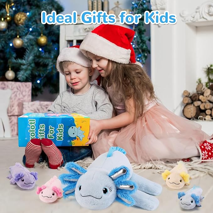 5 Pieces Axolotl Stuffed Animals with Babies Inside Belly - 1 Mommy Stuffed Axolotl with 4 Babies - Blue Axolotls Plush Toy for Kid Age 3-8, Gift Ideal for Christmas, Valentine's, Birthday