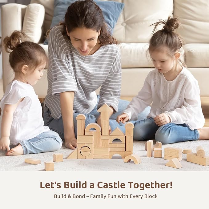 Natural Beech Wood Building Blocks for Toddlers 1-3, 100pcs Kids Wooden Blocks with Storage Bucket and Shape Sorter Lid, Preschool Learning Toys for Boys and Girls