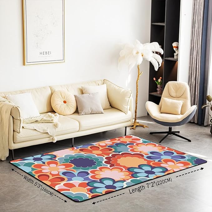 Abstract Retro Floral Area Rug 5x7 Colorful Vintage Flower Power Rug for Girls Teen Women 60S 70S Hippie Carpet Geometric Garden Botanical Psychedelic Washable Living Room Rugs
