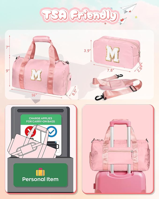 10 Year Old Girl Birthday Gifts-Girl Gym Bag with Shoe Compartment, Kid Personalized Weekender Overnight Bags, Initial Travel Tote with Makeup Pouch, Gift for kids age 4-6 (Letter R)