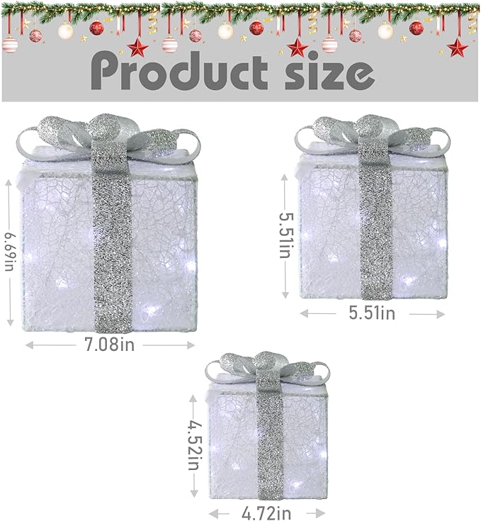 Christmas Light Gift Box Decorations, 3-Piece Set, Pre-Strung Wired Gifts with Bows, Illuminate Christmas Tree Skirt Decorations. Suitable for Indoor and Outdoor Use.（Silver）