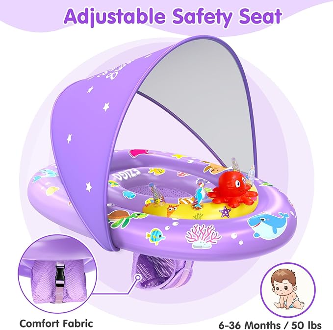 EZIGO Baby Pool Float with Canopy UPF 50+ Sun Protection, Double Air Chambers Infants Swimming Floats with Sound Toys Adjustable Safety Seat Toddler Float for Boys and Girls 6-36 Months