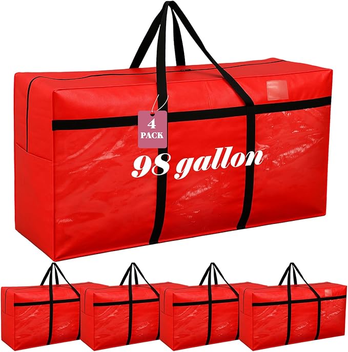 Windyun 4 Pack 98 Gallon Extra Large Storage Bags XXL Moving Bags with Zipper Handles Heavy Duty Jumbo Big Totes Box for Halloween Skeleton 4-12 Feet Christmas Tree Storage College Dorm Cloth (Red)