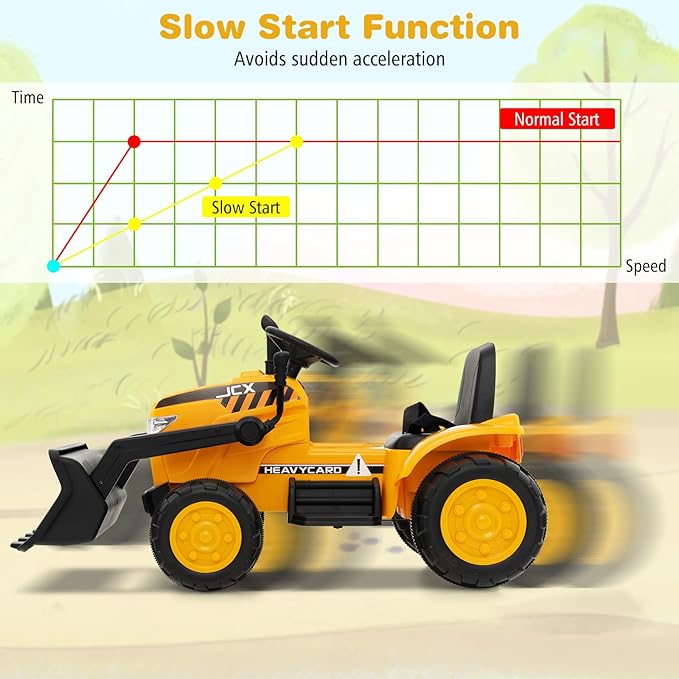 HONEY JOY Ride on Excavator, 12V Battery Powered Wheeled Loader Digger Kids Bulldozer w/Adjustable Digging Bucket, Headlights, Music, Horn, Slow Start, Electric Construction Vehicle for Kids, Yellow