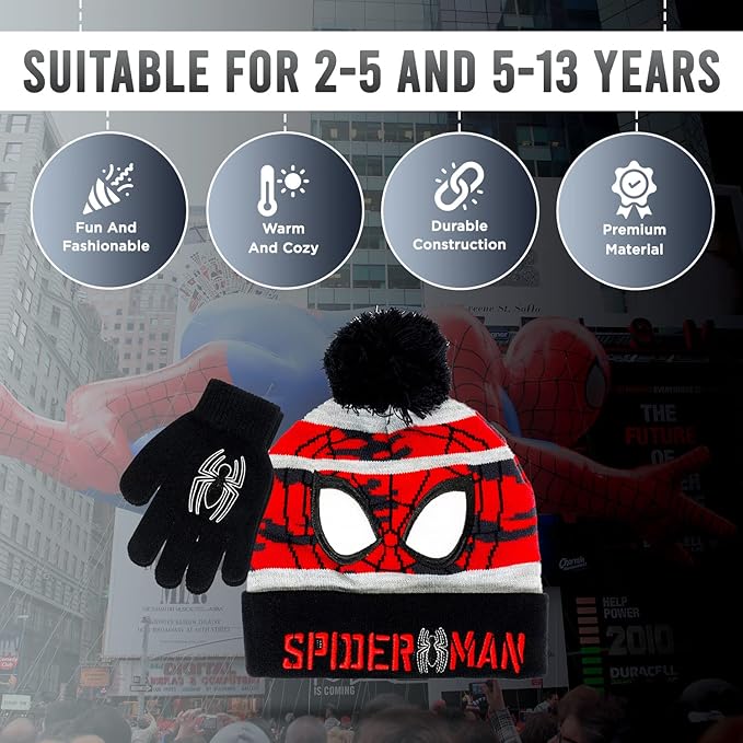 Marvel Spider-Man Kid’s Winter Hat and Snow Gloves for Boys and Toddlers, 2 Pc. Set, Pom-Pom Beanie with Warm Mittens