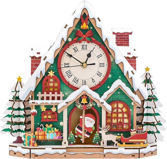 3D Puzzles for Adults Clock-Christmas Igloo Design Model Kit-Mechanical DIY Pendulum Clock with Roman Numerals-Desk Home Office Decor Personalized Gift for DIY Lovers