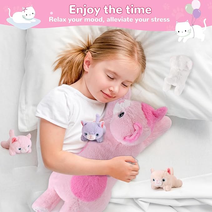 5 Pieces Cat Stuffed Animals with Babies Inside Belly - 1 Mommy Stuffed Cat with 4 Kittens - Stuffed Kitty Plush Toys for Kid Age 3-8, Gift Ideal for Christmas, Valentine's, Birthday (Pink)