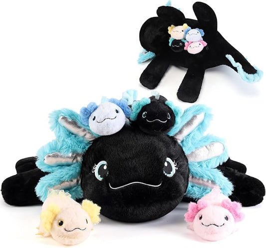 5 Pieces Axolotl Stuffed Animals with Babies Inside Belly - 1 Mommy Stuffed Axolotl with 4 Babies - Black Axolotls Plush Toy for Kid Age 3-8, Gift Ideal for Christmas, Valentine's, Birthday
