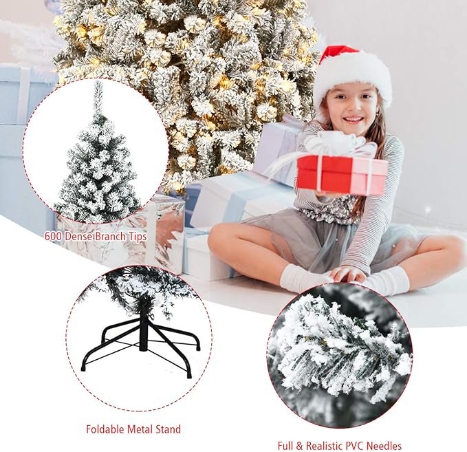 Goplus 6ft Pre-Lit Artificial Christmas Tree, Premium PVC Snow Flocked Hinged Pine Tree with Metal Stand and LED Lights, Perfect Xmas Decoration for Indoor and Outdoor
