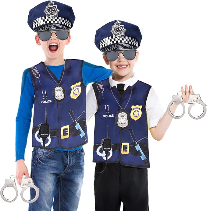 Kids Police Officer Costume Set 6 Pcs Including Cop Hat Vest Sunglasses Badge Walkie Talkie for Pretend Play Dress Up