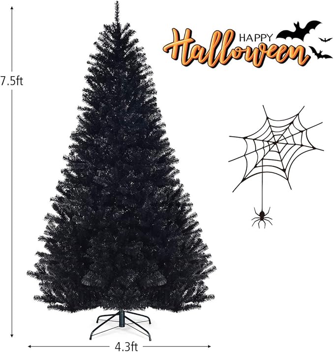 GOFLAME 7.5FT Artificial Halloween Christmas Tree, 1258 Branch Tips, PVC Needles, Xmas Hinged Pine Tree w/Solid Metal Legs, Unlit Halloween Christmas Tree for Indoor and Outdoor Decoration, Black