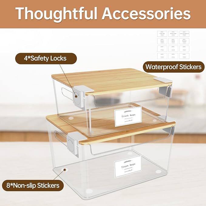 2 Pack Trash Bag Holder Under Sink Stackable, Plastic Garbage Dispenser with Lid, Trash Bag Storage Dispenser Roll Holder for Kitchen, Pantry, Laundry Room Organization