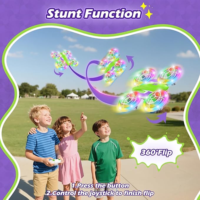 LED RC Drone for Kids 6+, Christmas Birthday Gift for Boys & Girls with Remote Batteries, 360° Flips, 3 Speed Modes, 45 Min Flight Indoor and Outdoor Flying Toy - Green Purple