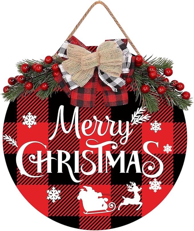 Merry Christmas Decorations Wreath, Merry Christmas Sign Front for Door Decoration, Rustic Wooden Holiday Decor for Front Door Porch Window Wall Farmhouse Indoor Outdoor Decorations