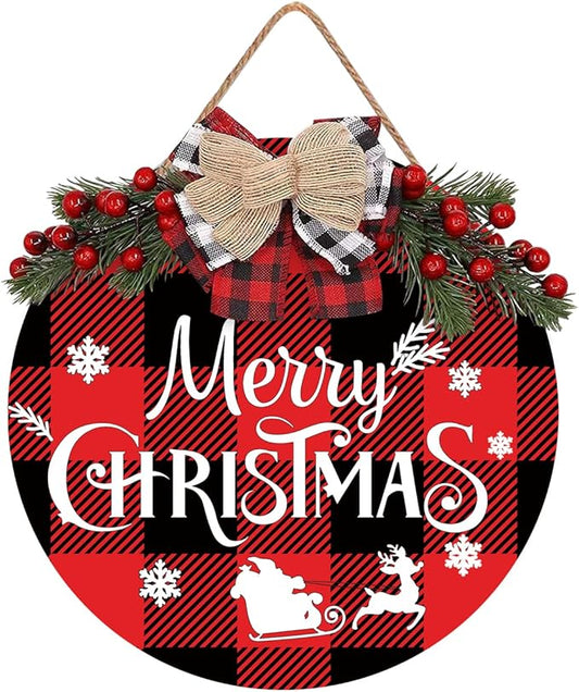 Merry Christmas Decorations Wreath, Merry Christmas Sign Front for Door Decoration, Rustic Wooden Holiday Decor for Front Door Porch Window Wall Farmhouse Indoor Outdoor Decorations