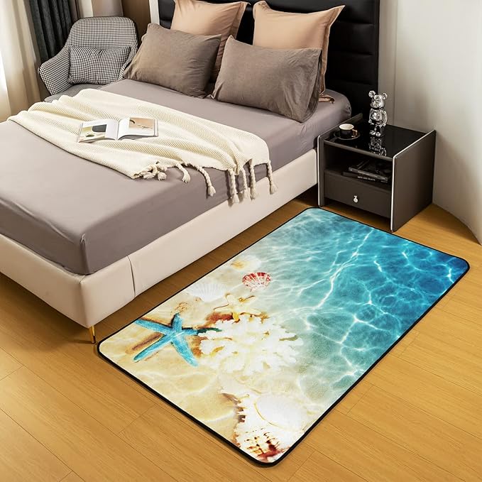 Ocean Area Rug 3x5, Beach Rug, Coastal Nature Theme Teal Carpet, Boys Girls Hawaiian Sea Wave Animals Shell Starfish Washable Non Slip Decorative Rug for Living Room, Blue
