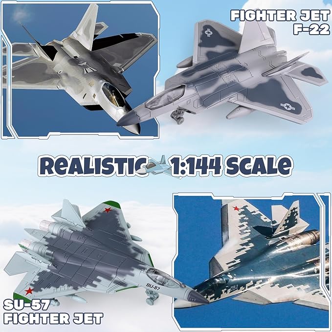 2-in-1 Diecast Fighter Jet Toy Set with Lights & Sounds, Pull Back Airplane F-22 & SU-57 1:144 Scale Military Aircraft Models with Display Stand, Gift for Kids & Collectors