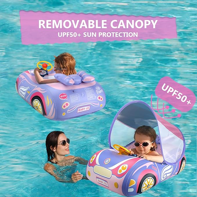 3D Car Thick PVC Inflatable Baby Swim Pool Float with Sun Shade Cover and Steering Wheel - Age 1-4 Years Old