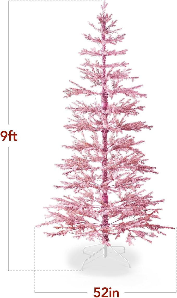 Best Choice Products Pre-Lit Sparse Christmas Tree 9ft Artificial Flocked Pine Holiday Décor Aspen Noble Fir White & Multicolor LED Lights- Pink