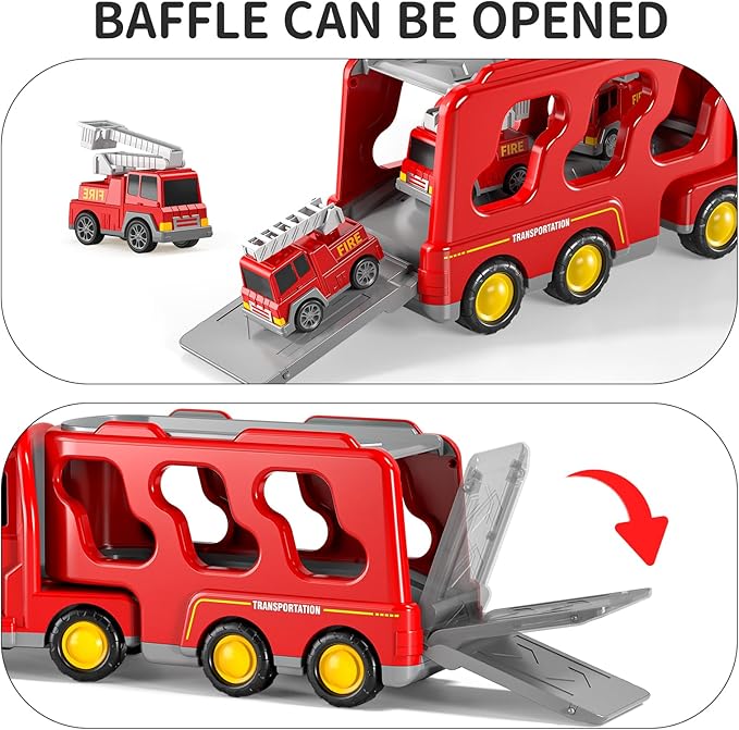 TEMI Fire Trucks Boy Toys for Toddlers 3-5 Year Old - Firetruck Toys for Kids 3 4 5 6 7, Transport Vehicle Carrier Set, Birthdays Gifts for Kids Girls Aged 4-6