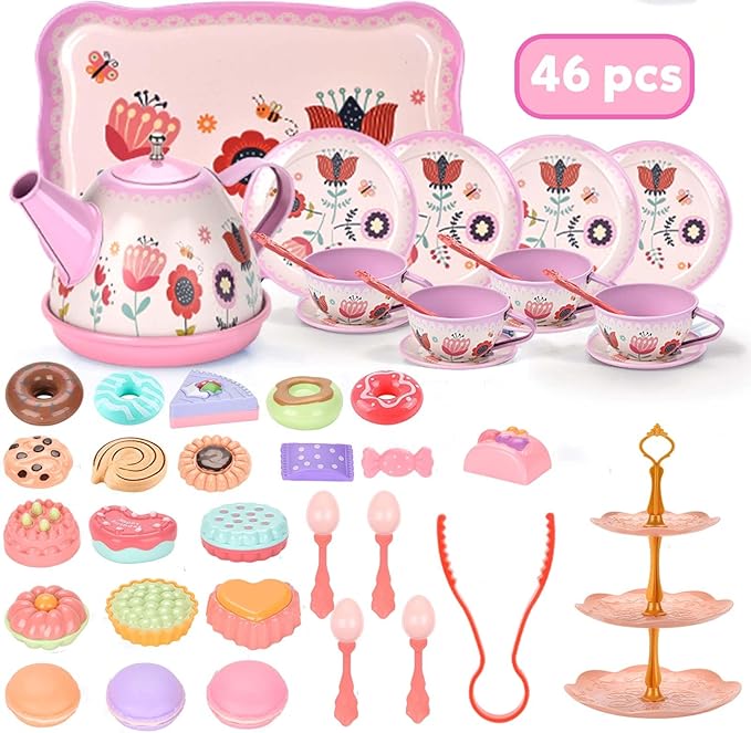 Tea Set for Little Girls, Birthday Gift for Age 3 4 5 6 Year Old, Toddler Toys Tea Party Set for Little Girls, Princess Kids Kitchen Pretend Toy with Tin Tea Set, Desserts & Carrying Case