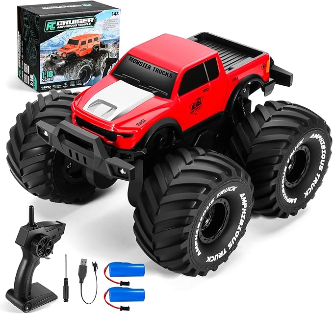 1:18 Scale Amphibious LED RC Car ，2.4GHz All 20 Km/h Off Road Terrain Remote Control Drift Truck, Waterproof Truck for 8+ Year Old Boys Girls Kids Gifts (Red)
