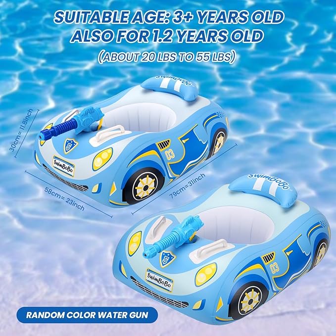 Car Pool Floats for Toddlers 1-3 with Random Water Gun, Inflatable PVC Baby Swimming Float, Toddler Pool Floats Seat Boat, Pool Toys with Handle for Kids Boys Girls Age 2-4, 3-5
