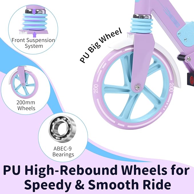 BELEEV V8 Scooters for Kids Ages 6+ with Light-Up Deck, 2 Wheel Folding Scooter for Adults Teens, 4 Adjustable Height, Lightweight Sport Commuter Scooter, Sturdy Frame, Max Load 220 lbs
