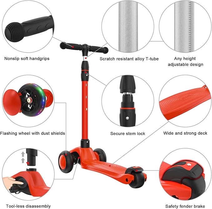 Allek Kick Scooter B03, Lean 'N Glide 3-Wheeled Push Scooter with Extra Wide PU Light-Up Wheels, Any Height Adjustable Handlebar and Strong Thick Deck for Children from 3-12yrs (Red)