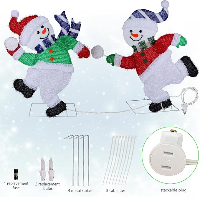 Hausse Set of 2 Lighted Snowmen Christmas Decorations, Pre-Lit 2D Tinsel Cute Snowman Snowball Fight with Lights, Light Up & Plug in for Indoor Outdoor Xmas Winter Holiday Yard Lawn Garden Decor