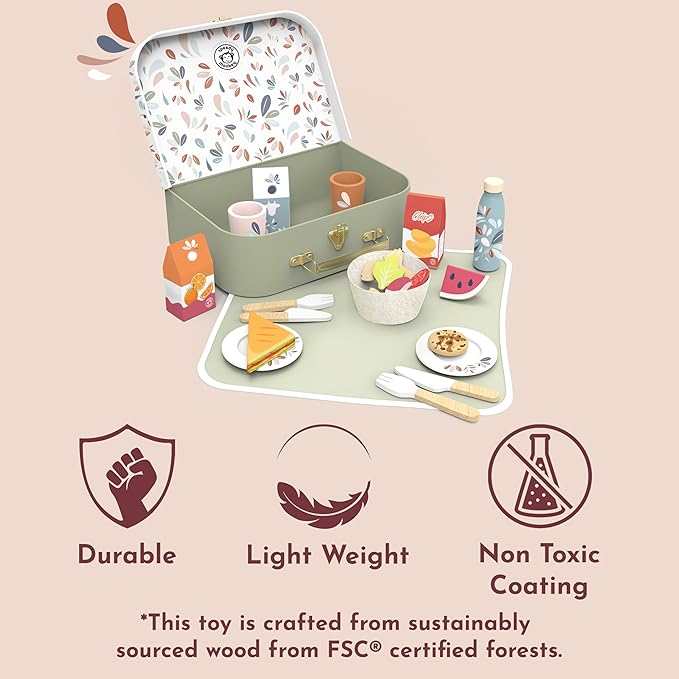 SPEEDY MONKEY Wooden Picnic Basket Playset – FSC Certified Pretend Play Food & Fruit Toy for Toddlers & Preschoolers, Outdoor Picnic Travel Adventure, Kitchen Role Play Set for Boys & Girls