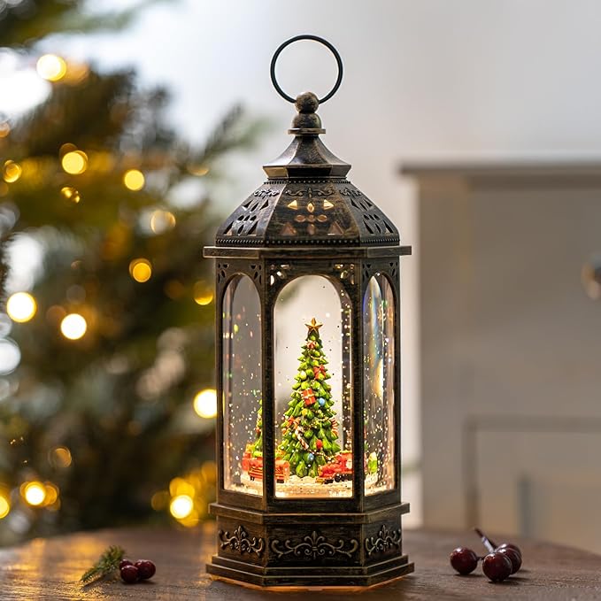Christmas Snow Globe Lantern Octagon Rotating Train Christmas Tree Scene Music Box, USB and Battery Powered Christmas Decorations Presents.