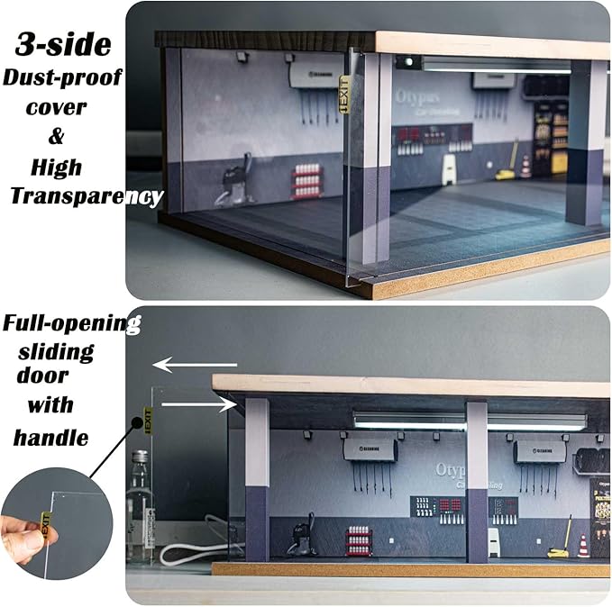 1/24 Scale Diecast Car Model Display Case, 1:24 Toy Garage with Adjustable Brightness Tricolor Light in Cars Detailing Studio Scene, 8 Parking Spots (4 Indoor +4 Roof Parking Spots)