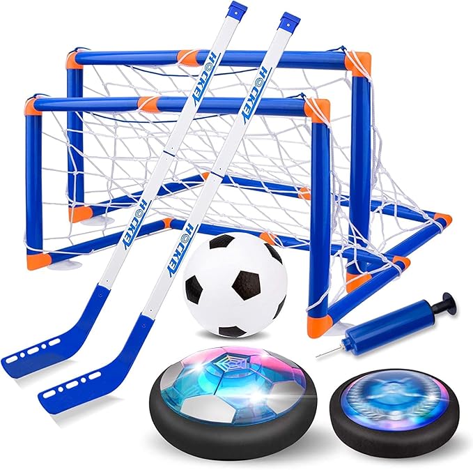 3-in-1 Hover Hockey Soccer Ball Kids Toys Set, Led Lights Floating Air Football, Indoor Outdoor Sport Toys for Kids, Christmas Birthday Gifts for Boys Girls Aged 3 4 5 6 7 8-12
